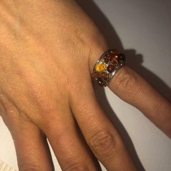 VTG Sterling & Amber Multi Colour Stone Wide Band  Ring Approx Sz 5.5 - Picture 4 of 7